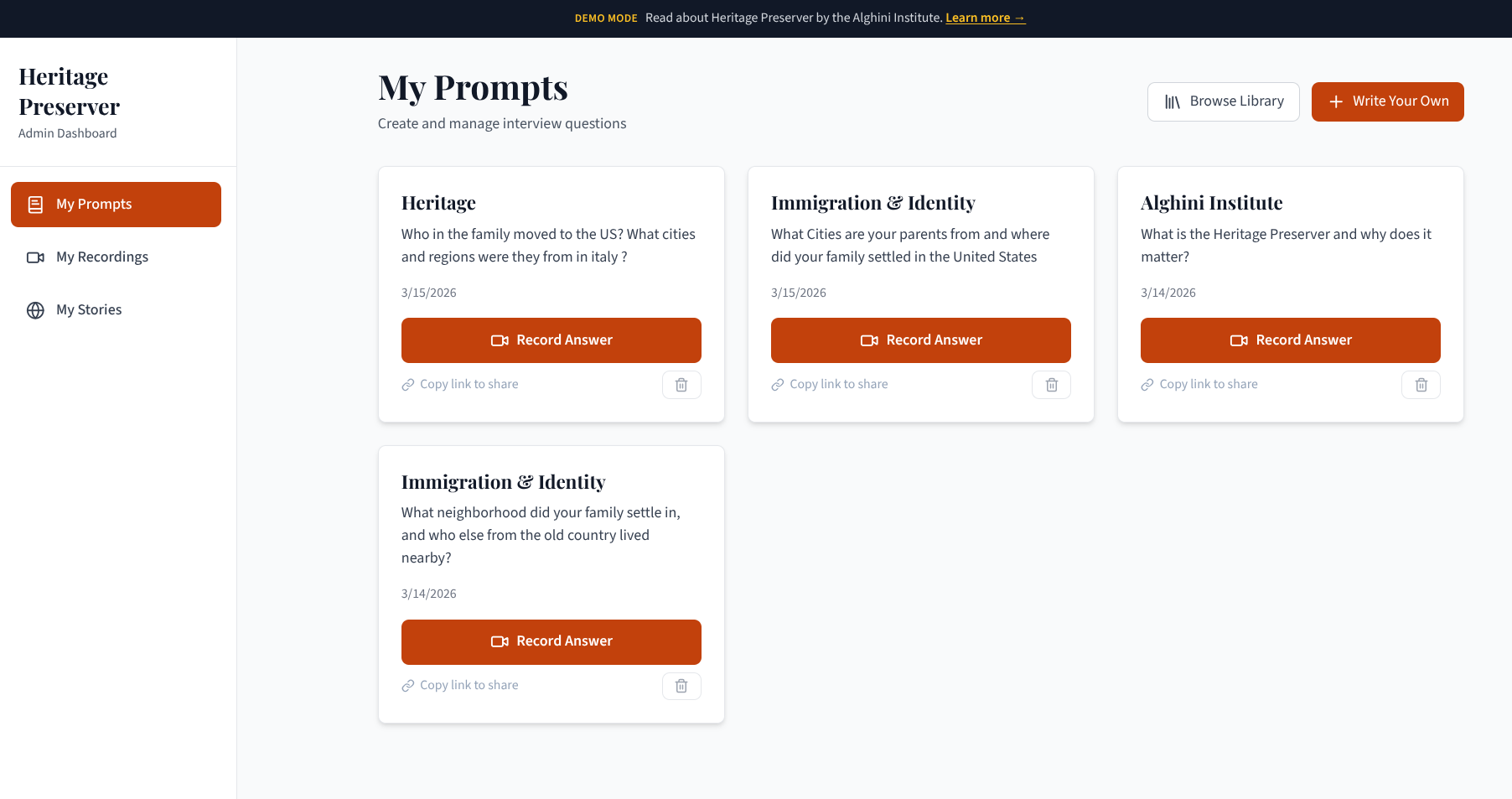 The Heritage Preserver dashboard — showing the "My Prompts" interface where users create and manage interview questions to guide their recordings