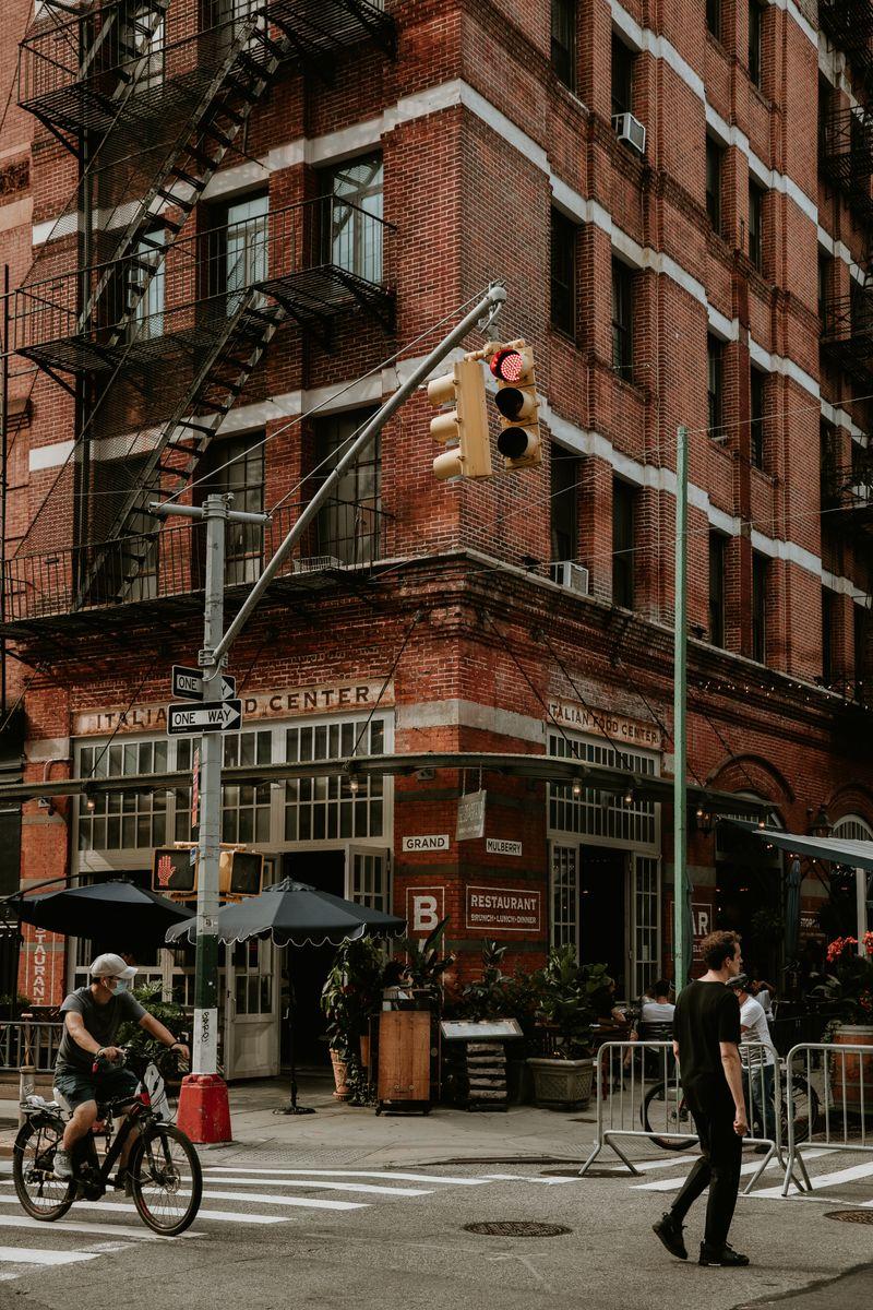 Brick buildings and street in Little Italy neighborhood, New York