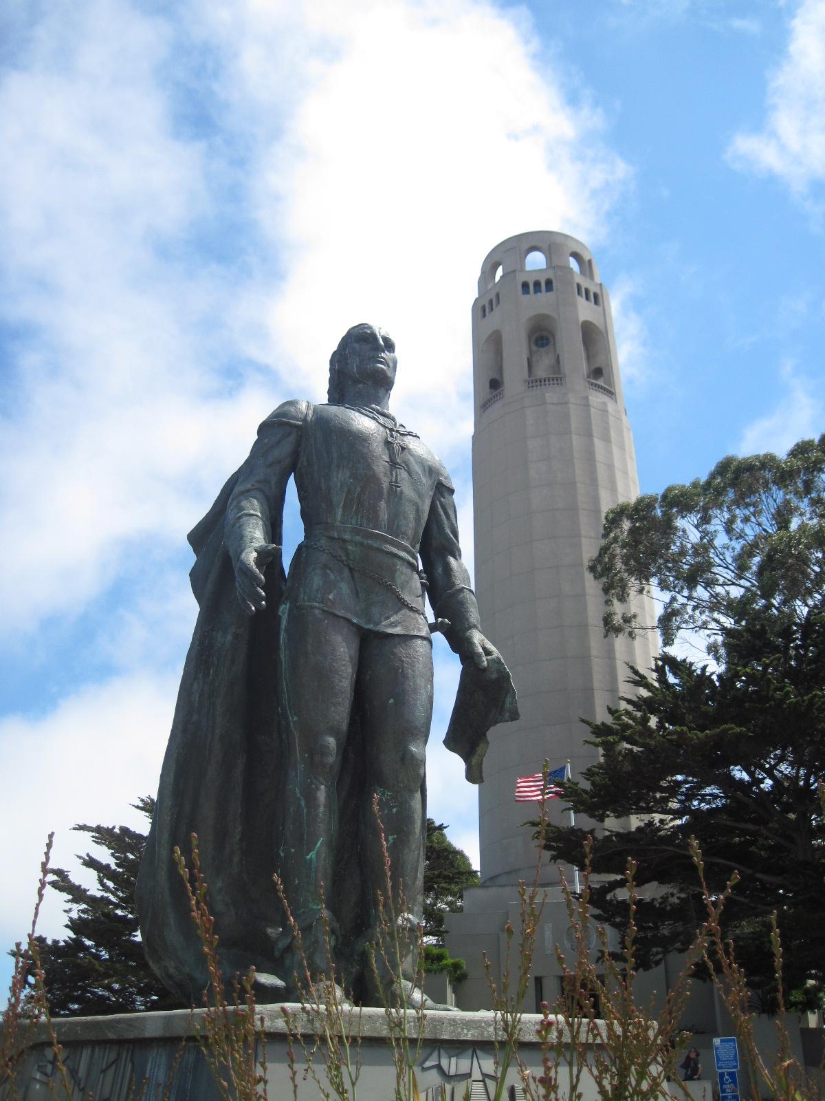 The Christopher Columbus statue in Pioneer Park near Coit Tower in San Francisco in 2012, before its 2020 removal. Photo by James Macfarlane, CC BY-SA 3.0, via Wikimedia Commons.