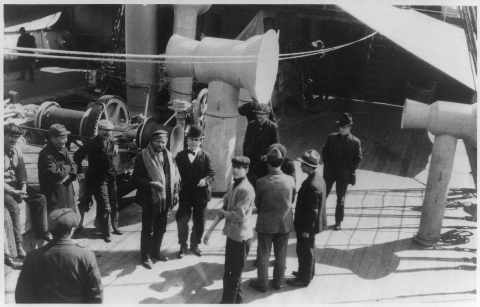 Immigrants standing on the deck of the Fried. der Grosse in steerage.