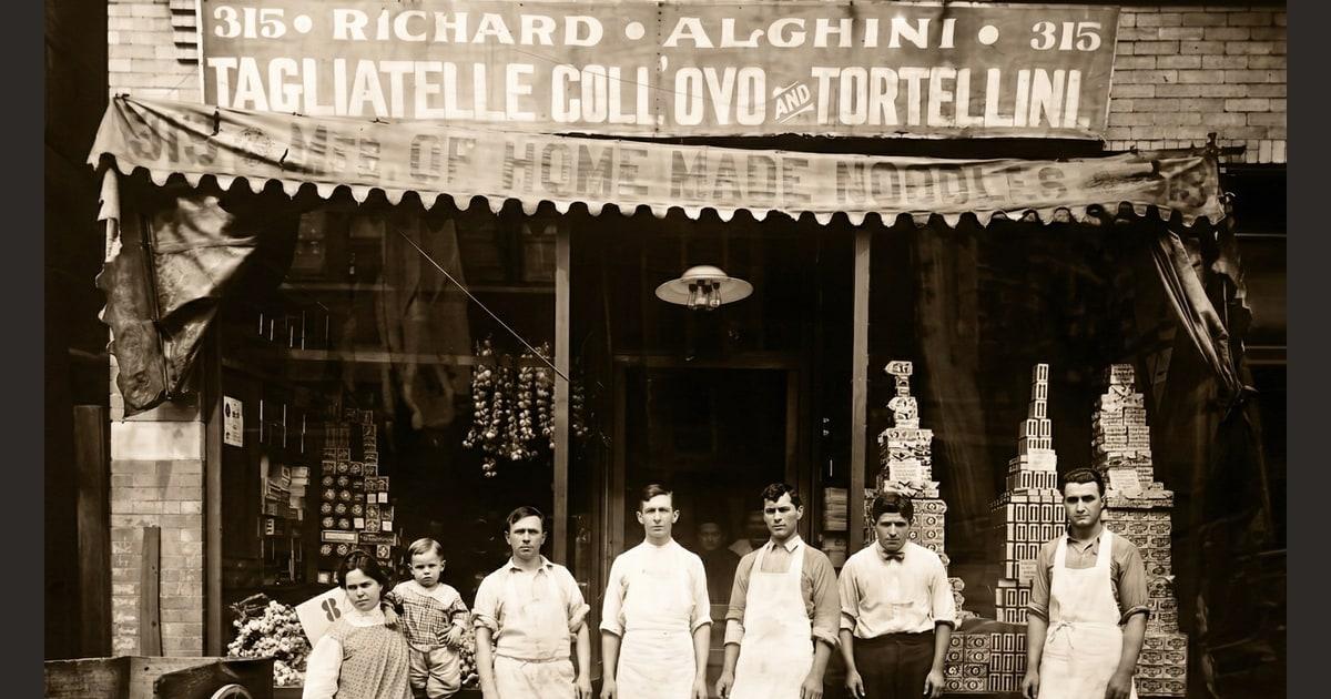 The Alghini family and staff outside the Richard Alghini pasta shop.